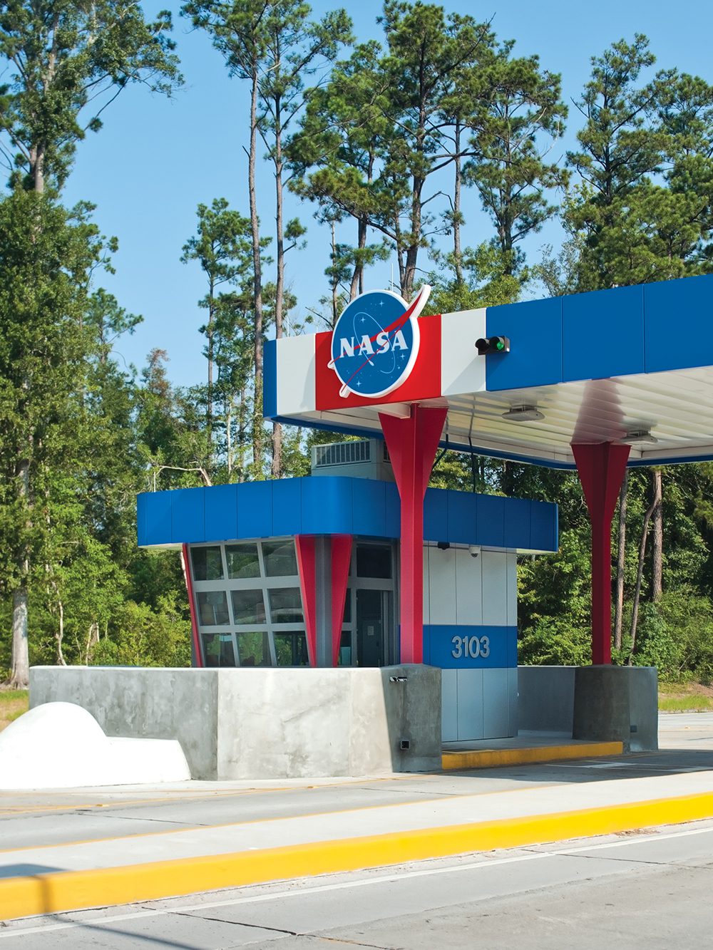 Red, white, and blue NASA security booth